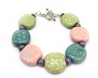 Kazuri Beads Bracelets, Mother's Day, African Beads, Sterling Silver Toggle, Pastel Beads. Handmade Beads, For Her, Size- 7 3/4"