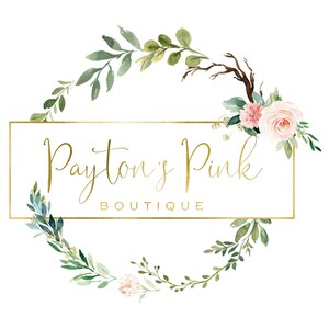 Puede incluir: Un marco dorado con el texto "Payton's Pink Boutique" rodeado de una corona de acuarela de hojas verdes y flores rosas.