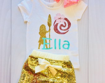 Girls Moana Birthday Outfit | Custom Glitter Shirt, Sequin Shorts