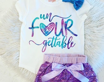 Girl's Birthday Shirt | Birthday Outfit | Four | 4th| 4 Years Old | Unfourgettable | Party Outfit