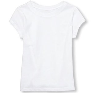 May include: A plain white short-sleeved t-shirt for kids.