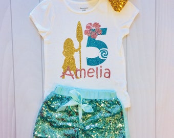 Girls' Moana Birthday Shirt | Glitter Outfit, Number Five