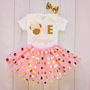 Conjunto de Minnie para el primer cumpleaños de niña / Camiseta de cumpleaños de Minnie personalizada con tutú y diadema / Conjunto de Minnie para sesión de fotos de cumpleaños / Minnie rosa para salir de fiesta