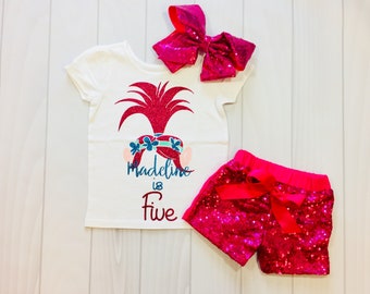 Girls Poppy Trolls Birthday Shirt | Custom Name, Glitter Number
