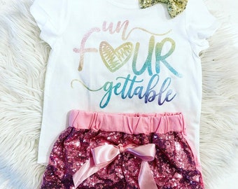 Girl's Birthday Shirt | Birthday Outfit | Four | 4th| 4 Years Old | Unfourgettable | Party Outfit | Rainbow | Pastel
