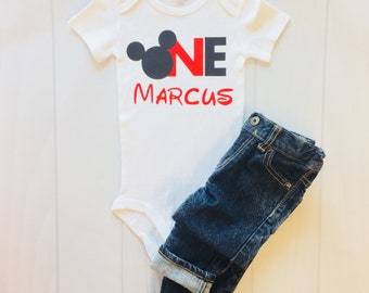 Mickey Mouse First Birthday Bodysuit: Custom Name, Boy's One