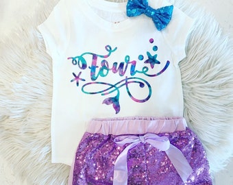 Mermaid Birthday Outfit Girl, Shirt and Shorts Set, Custom Name Birthday Outfit, Glitter Mermaid Birthday Set, Toddler Birthday Outfit
