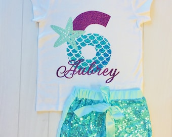 Girls Mermaid Shirt | Birthday Shirt | Birthday Outfit | Custom Name | Mermaid Birthday
