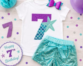Mermaid 7th Birthday Outfit Girl, 7th Birthday Shirt and Shorts Set, Mermaid Birthday Shirt, Seventh Birthday Outfit, Glitter Birthday