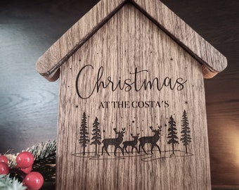 Rustic Wooden Christmas Decor, Personalised Christmas Ornament, Wooden House, Engraved Festive Decoration, New Home Gift