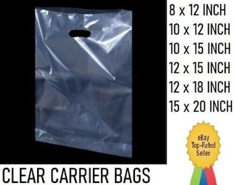 Clear Carrier Bags All Sizes Plastic Poly Shopping Retail Trade Polythene Punch Out Handle Strong 200 Gauge