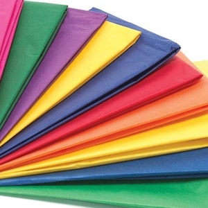 May include: A stack of colorful tissue paper in various shades of pink, green, purple, yellow, blue, red, orange, and light yellow. The tissue paper is folded in a fan shape.