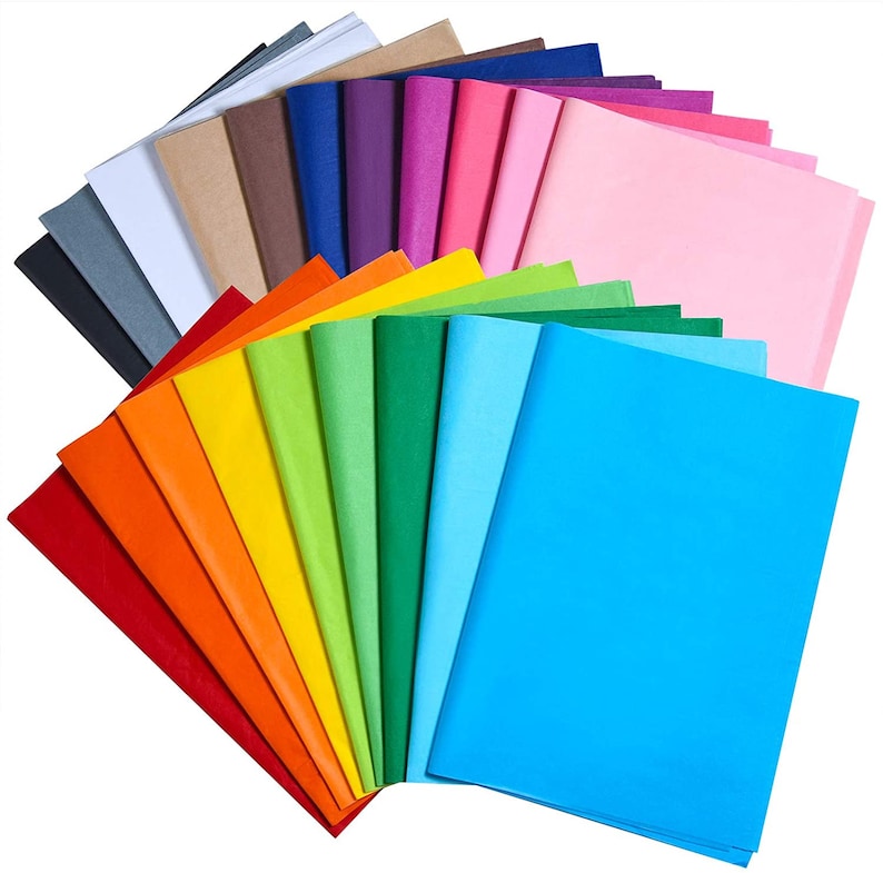 May include: A set of 24 sheets of tissue paper in a variety of colors, including white, brown, gray, blue, purple, pink, yellow, green, orange, and red. The tissue paper is arranged in a fan shape.
