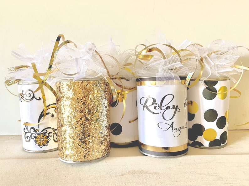 Wedding Car Tin Cans, Just Married Decorated Getaway Gold and Black Car Cans, Wedding Decor, SET of 10 image 2