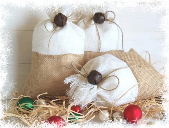 Christmas Gift Bags, Primitive Reusable Burlap Christmas Gift Wrap, SET of 3