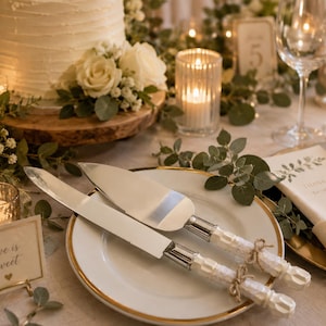 May include: A silver cake knife and server set with white textured handles tied with twine, resting on a white plate with a gold rim. The set is positioned among wedding table decor including a white cake, candles, and greenery.