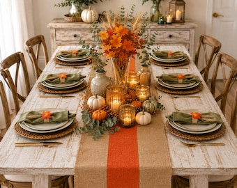 Thanksgiving-Tischläufer - Orangefarbene Sackleinen-Esstischdecke - Herbstdekoration
