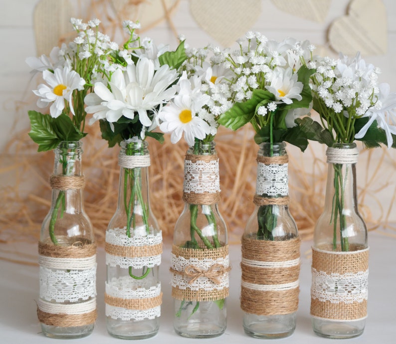 Rustic Burlap Centerpiece Bottle Vases, Wedding or Party Decor, SET of 5 image 2