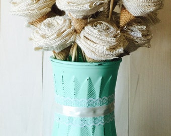 Burlap Roses with Stems, Burlap Flowers on Stem, Bouquet Flowers, Decorative Flowers - SET of 5