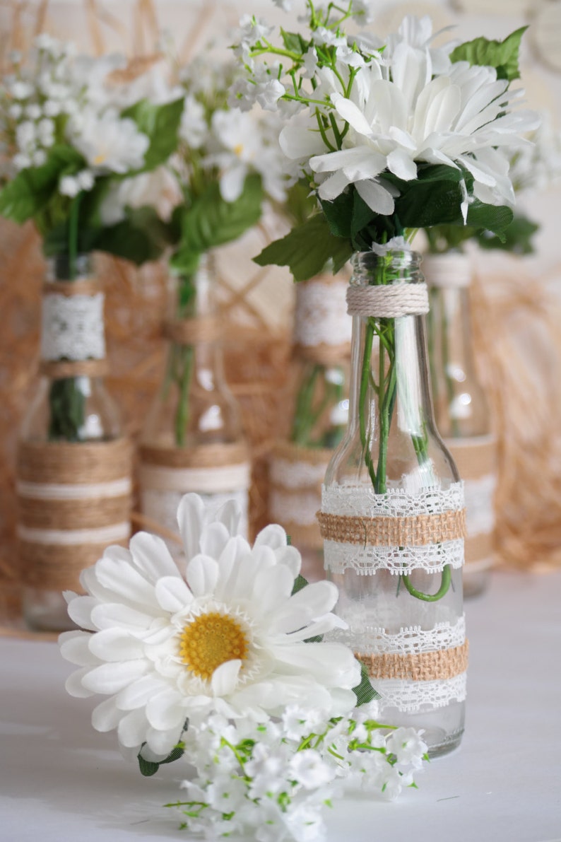 Rustic Burlap Centerpiece Bottle Vases, Wedding or Party Decor, SET of 5 image 3