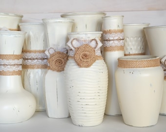 Wedding Table Centerpiece Glass Vases – Ivory Rustic Wedding Decor - Set of 10 - Bridal Shower, Baby Shower, Birthday Party