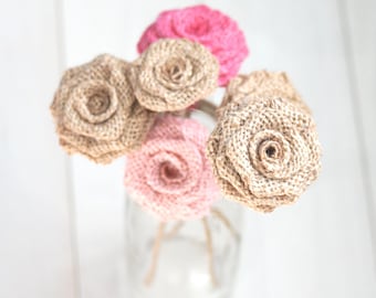 Juterozen op steel, juteboeket of boutonnièrebloemen, flexibele draadsteelbloemen, rustieke bruiloftsdecoraties