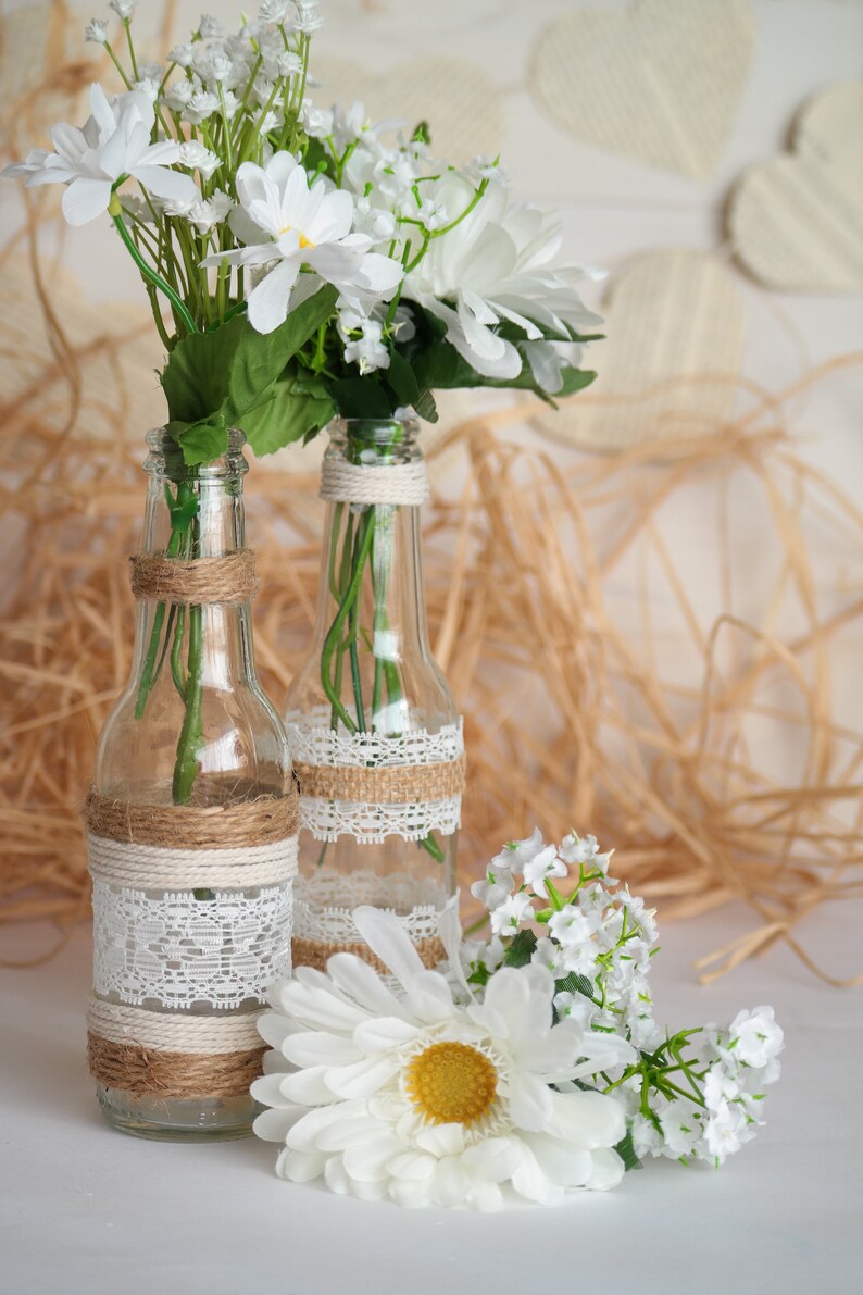 Rustic Burlap Centerpiece Bottle Vases, Wedding or Party Decor, SET of 5 image 5