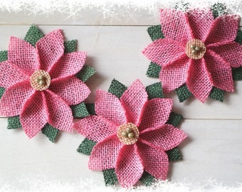 Christmas Poinsettia Flower, Pink Poinsettia Flower, Burlap Fabric Flower, Christmas Flower