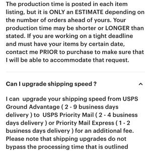 Op de afbeelding: Zwarte tekst op een witte achtergrond met informatie over besteltijden, deadlines en verzendopties. Opties zijn USPS Ground Advantage, Priority Mail en Express.