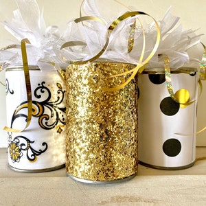 Wedding Car Tin Cans, Just Married Decorated Getaway Gold and Black Car Cans, Wedding Decor, SET of 10 image 4