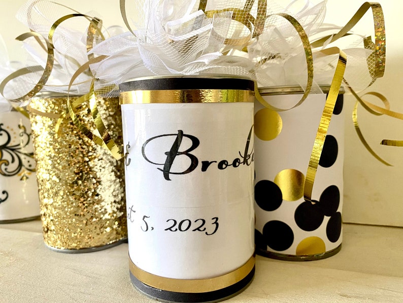 Wedding Car Tin Cans, Just Married Decorated Getaway Gold and Black Car Cans, Wedding Decor, SET of 10 image 3