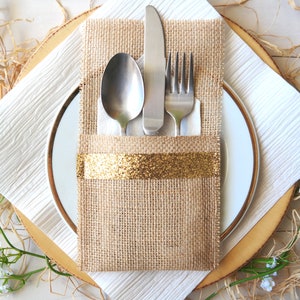 Rustic Burlap Silverware Holder, Sparkly Gold Cutlery Pocket, Rustic Utensil Holder, Wedding Table Setting Decoration