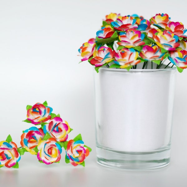 Multi Color Mini Paper Flowers on Stem, Artificial Flowers, Wire Small Rose