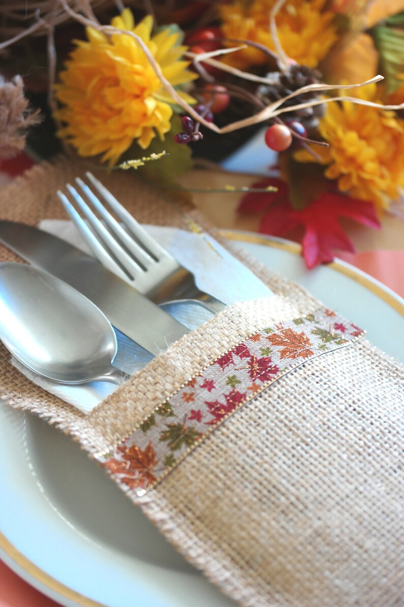 Thanksgiving Silverware Holder Burlap Cutlery Pocket Rustic Etsy