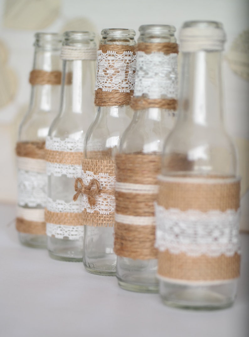 Rustic Burlap Centerpiece Bottle Vases, Wedding or Party Decor, SET of 5 image 7