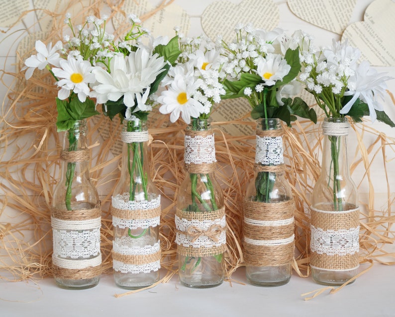 Rustic Burlap Centerpiece Bottle Vases, Wedding or Party Decor, SET of 5 image 10