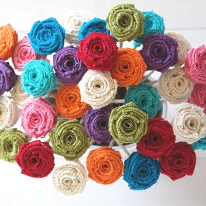 Burlap Roses on Wire Stem, Rustic Wedding Bouquet Fabric Flowers ...