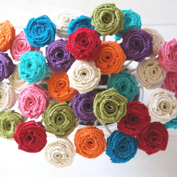 Burlap Roses on Wire Stem, Rustic Wedding Bouquet Fabric Flowers, Flowers on Flexible Stem