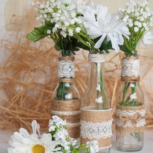 Rustic Burlap Centerpiece Bottle Vases, Wedding or Party Decor, SET of 5 image 4