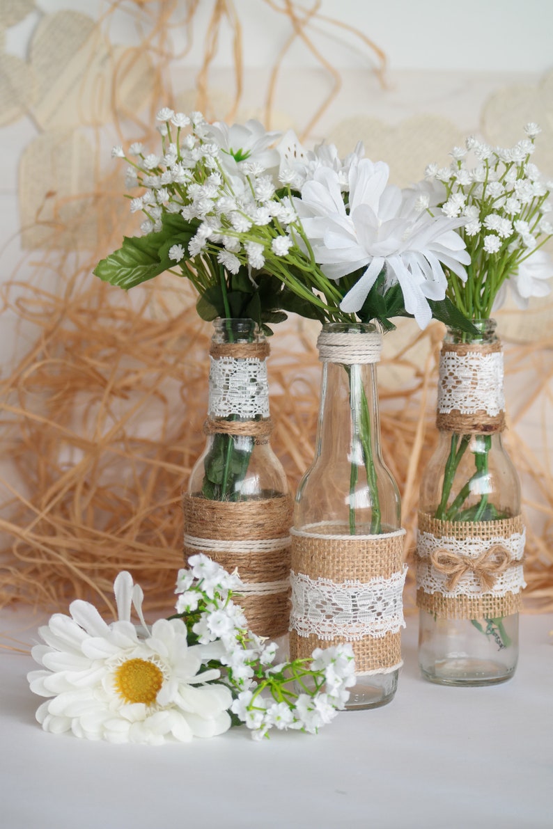 Rustic Burlap Centerpiece Bottle Vases, Wedding or Party Decor, SET of 5 image 4