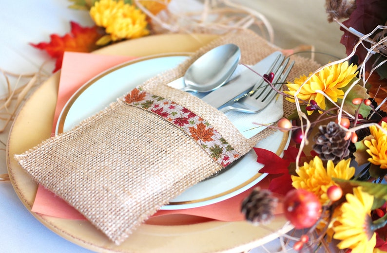 Thanksgiving Silverware Holder Burlap Cutlery Pocket Rustic Etsy