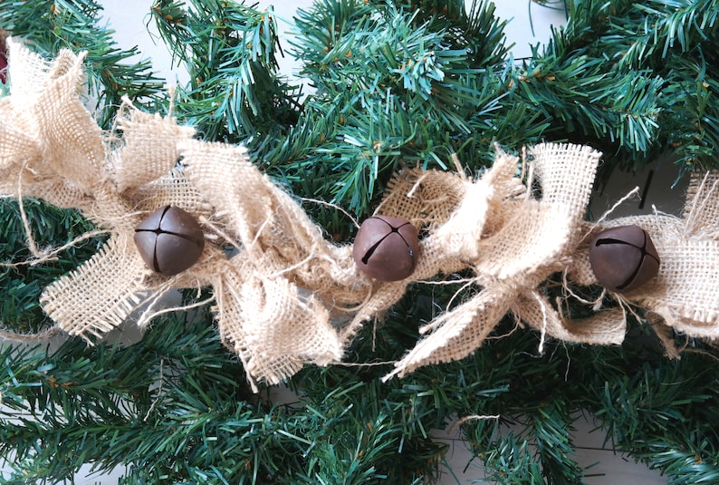 Christmas Tree Rustic Burlap Garland Jingle Bells Decor image 2