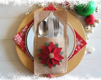 Christmas Silverware Holder, Christmas Table Decoration, Burlap Cutlery Pocket, Rustic Utensil Holder