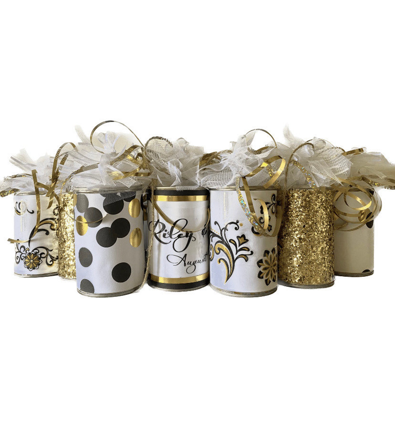 Wedding Car Tin Cans - Just Married Decorated Getaway Gold and Black Wedding Car Tin Cans - Just Married Decorated Getaway Gold and Black