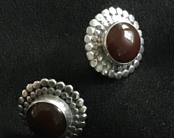 Carnelian earrings Classic round design Vintage  jewelry Genuine semi precious stone Convex setting Sterling silver