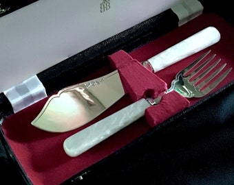 Fish serving set by Birks Mother of pearl Sushi utensils Seafood cutlery Wedding gift