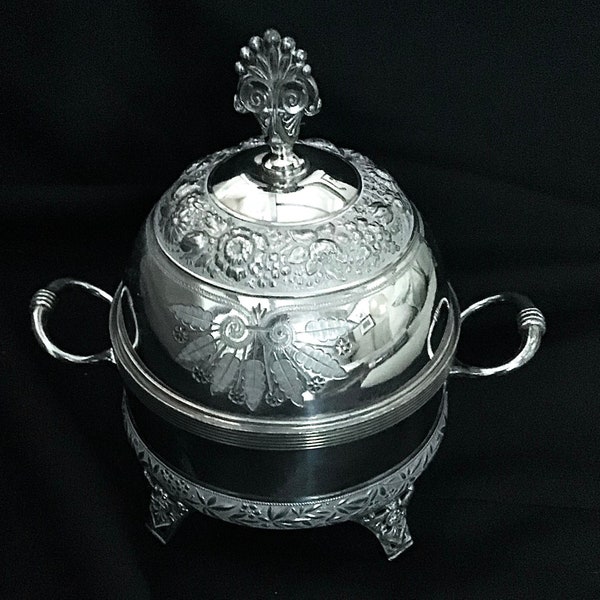 Antique silver butter dish with ornate chasing  Meriden Britannia