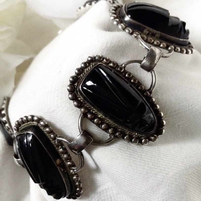 Bohemian Bracelet Silver Statement Piece Vintage Jewelry Carved Onyx Bracelet Exotic Bracelet Tribal Mask Bracelet Onyx Bracelet