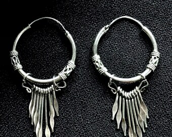 Tribal exotic sterling silver tassel hoop earrings Ethnic dangle ear drops