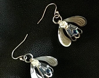 Bumblebee earrings with simulated sapphire  and diamond stones Sterling silver ear drops Honeybee dangles